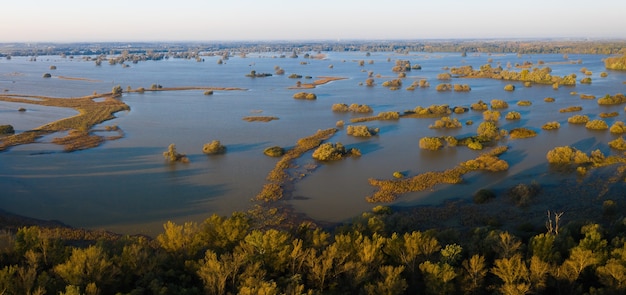 Inondazione allagata del fiume moravia con acqua al di fuori delle rive del fiume