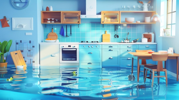 A flooded kitchen caused by a clogged sink Water spilled from the tap and made a mess on the floor of the modern cooking room that had furniture appliances and dishes