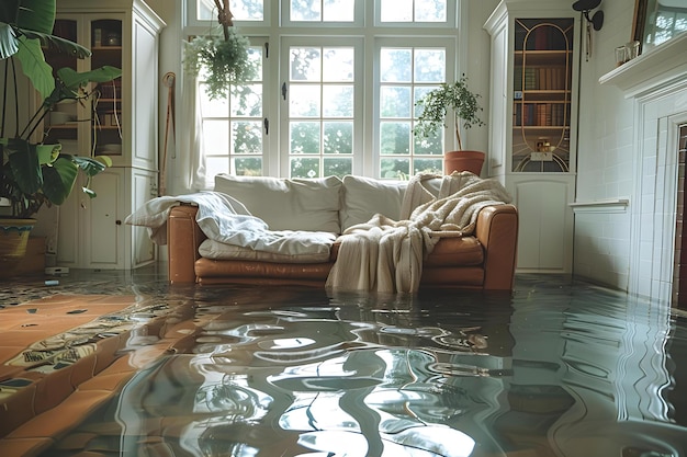 Photo flooded living room insurance claim for expensive furniture a crucial step concept insurance claim flood damage expensive furniture living room crucial steps