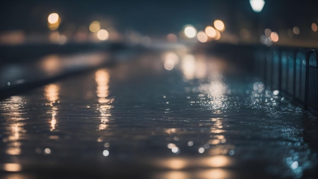 Flooded road rainy night city lights bokeh