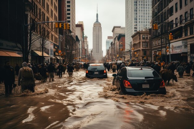 Flooded roadway on a New York street Climatic world problems urban torrential downpours