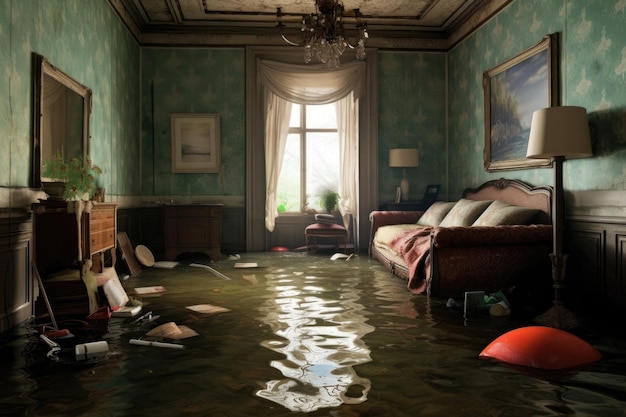 Flooded room due to a broken water pipe created with generative ai