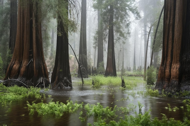 Фото Затопленный лес секвойи с водопадами и туманной растительностью