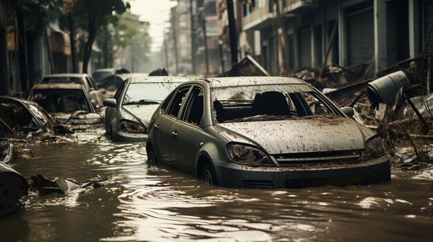 Photo flooded street after bad weather hurricane or flooding the car is moving down a flooded street