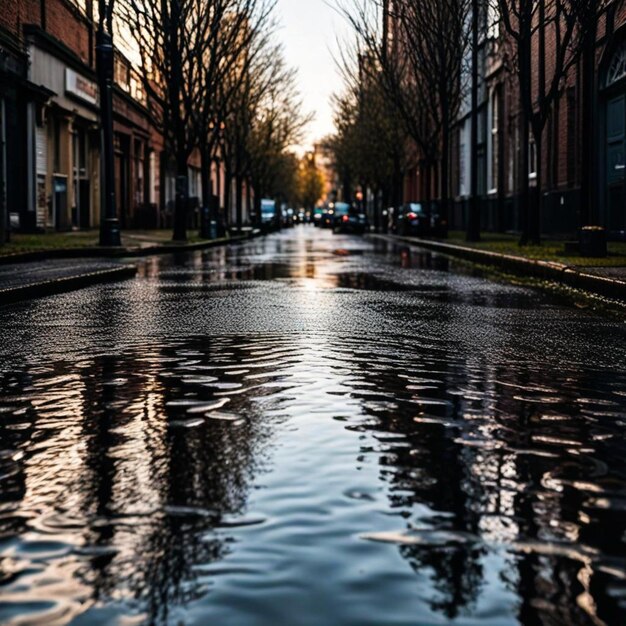 Photo a flooded street with a car and trees on the side