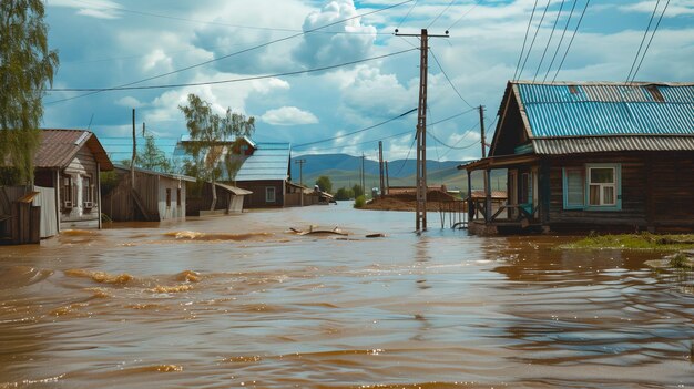 Photo flooded street with houses and power lines