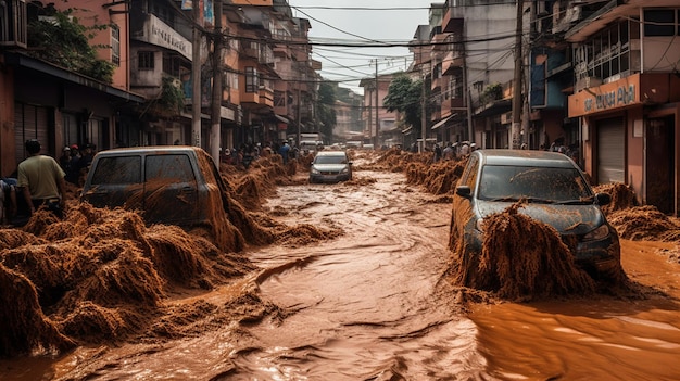 A flooded street with mud and water on the road