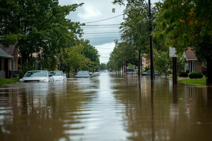 Photo flooded urban street with submerged cars