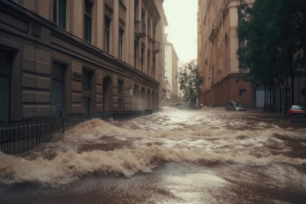 Flooding on the city street Generative AI