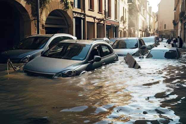 Photo flooding in an european city with washed out street destroyed cars floating in the water