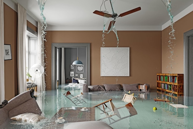 Flooding living interior 3d render concept