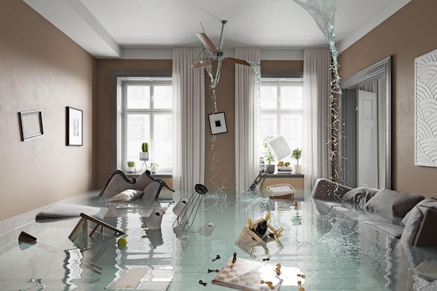 Flooding living interior 3d render concept