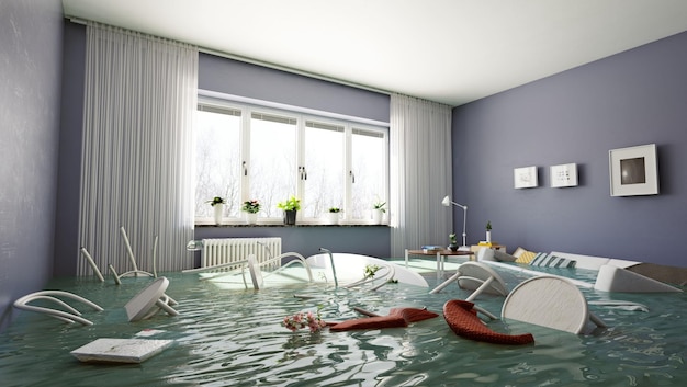 Flooding living interior 3d render concept