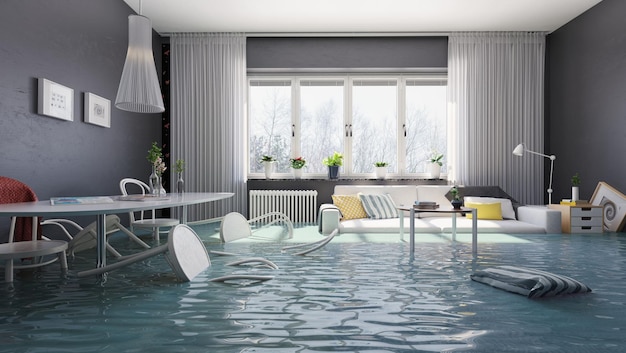 flooding living interior 3d render concept