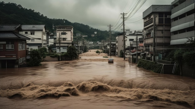 Photo flooding muddy water in city caused massive damage by heavy rain with generative ai technology