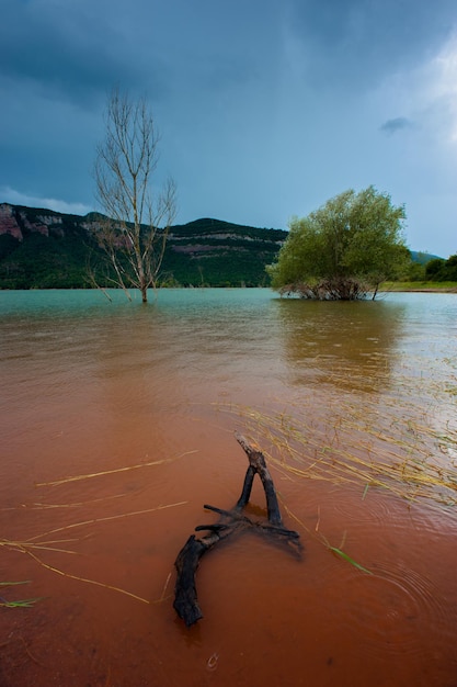 Photo flooding on spain's lake sau in catalonia.