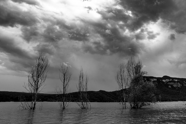 Photo flooding on spain's lake sau in catalonia.