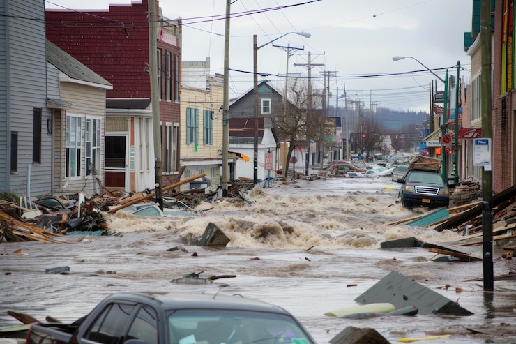 Photo floodwaters rushing past destroyed buildings and cars in city