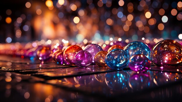 Photo floor covered with iridescent bubbles and glitter creating a decorative background with defocused