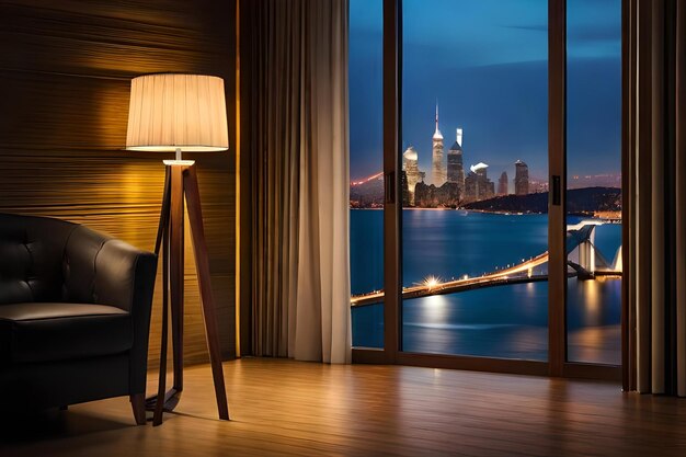 A floor lamp in a room with a view of the city