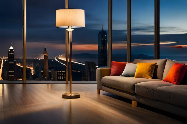 a floor lamp with a yellow shade on a wooden floor.