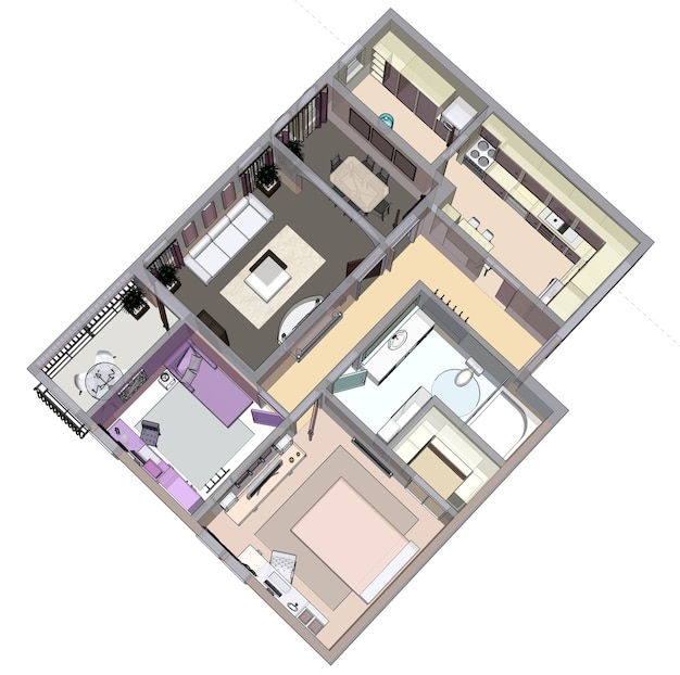 Поэтажный план квартиры или дома. 3D визуализация.
