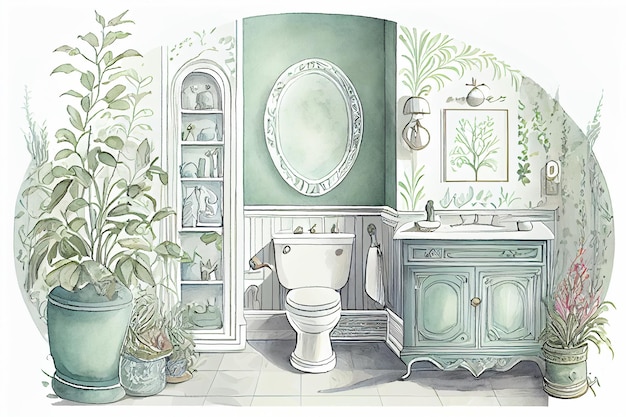 Фрагмент плана ванной комнаты, нарисованный вручную в технике акварельной акварели на натуральной бумаге.