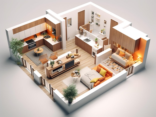 Photo a floor plan of a house with a living room and kitchen area.