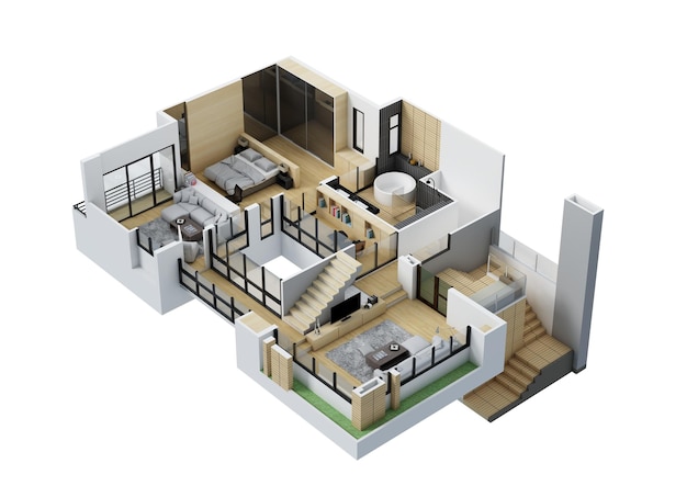 floor plan top view house interior isolated on white background 3d render