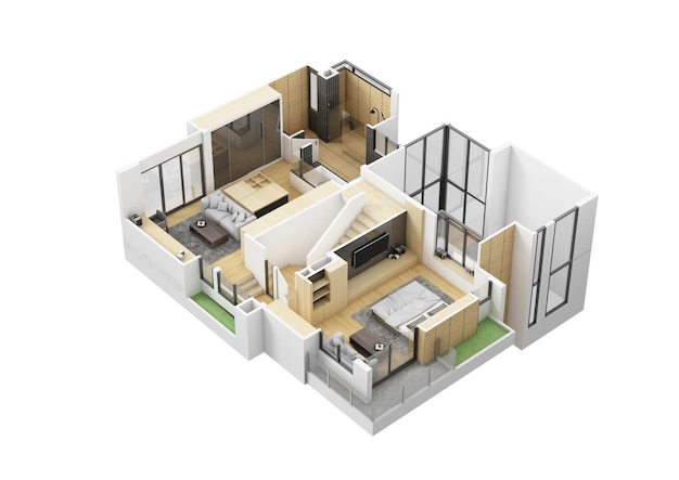 floor plan top view house interior isolated on white background 3d render