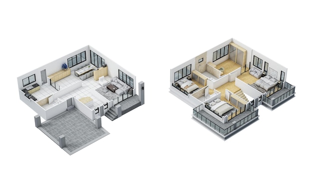 floor plan top view house interior isolated on white background 3d render