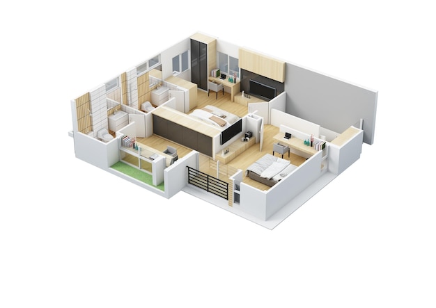 floor plan top view house interior isolated on white background 3d render