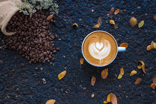 floor stone Autumn of latte art coffee on stone