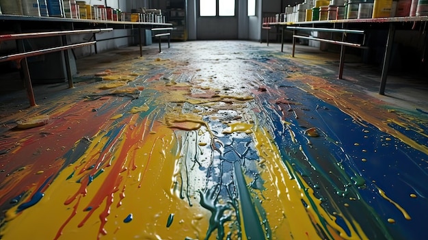 A floor with paint on it that has a colorful paint stain on it.