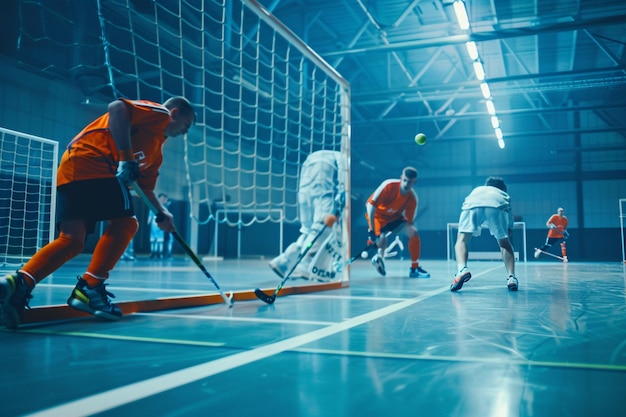 Floorball spelers uitvoeren ingewikkelde ping sequenc generatieve ai