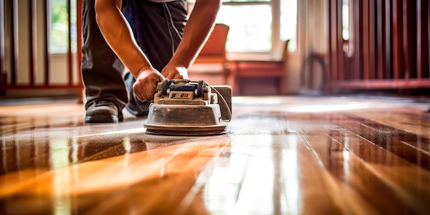 Photo flooring refinishing worker's hands during the sanding and refinishing of hardwood floors generative ai
