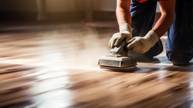 Flooring Refinishing workers hands during the sanding and refinishing of hardwood