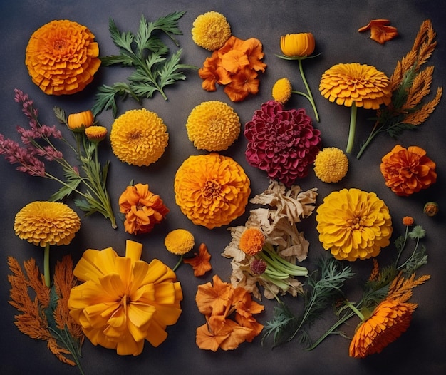 Flor de Muerto or marigold flowers represented