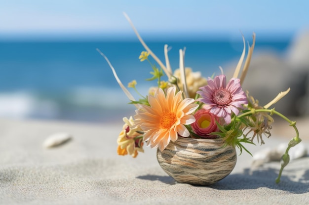 Flora-arrangement met zomerthema met een achtergrond van een strandlandschap