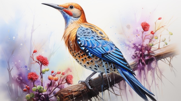 Flora Painting Hyperrealistic Northern Flicker In Orange And Blue