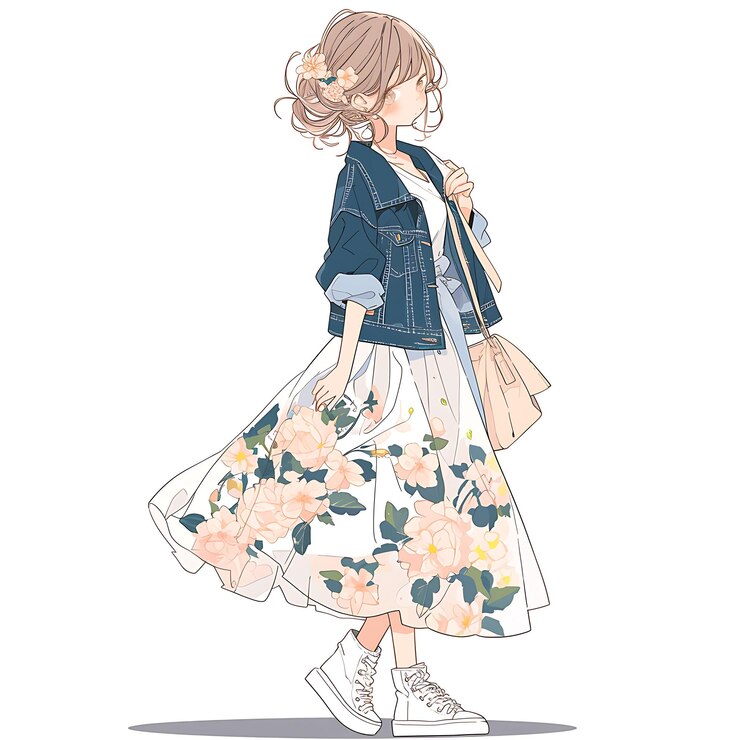 Photo 12歳の女の子は花のプリントでデニムジャックを着るクリエイティブなファッション チビキャラクター