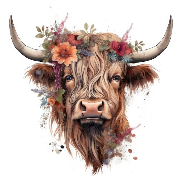 Floral Adorned Highland Cow on White Background