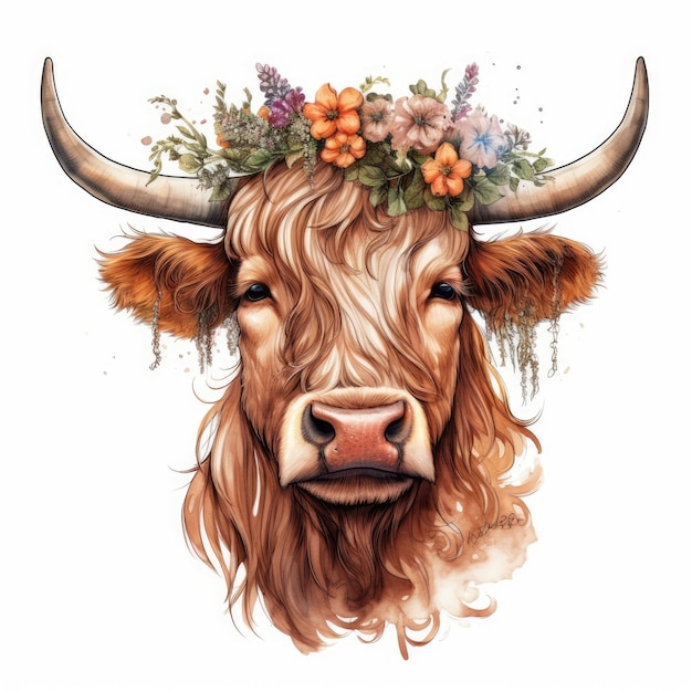 Floral Adorned Highland Cow on White Background