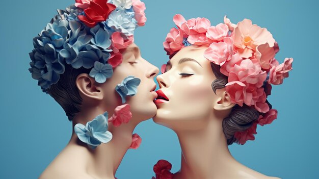 Floral Affection Couple Sharing an Intimate Kiss with Floral Art