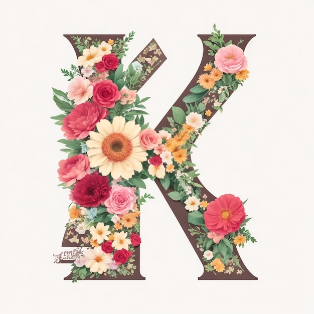 Photo floral alphabet letter k with watercolor flowers and leaf monogram initials perfectly for wedding