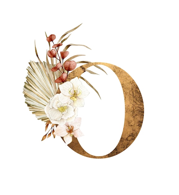 Lettera di alfabeto floreale o con composizione di bouquet di fiori boho e delicata struttura in oro