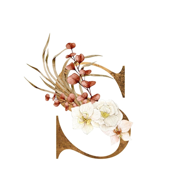 Floral Alphabet letter S with flowers boho bouquet composition and delicate gold texture