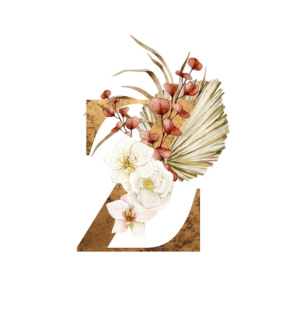 Floral Alphabet letter Z with flowers boho bouquet composition and delicate gold texture