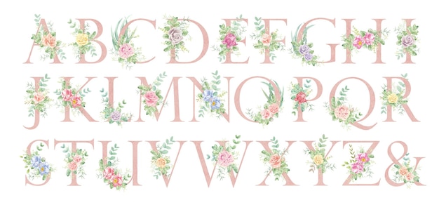 floral alphabet the letters of the alphabet are pink and decorated with watercolor roses