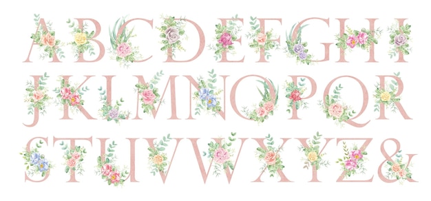 Photo floral alphabet the letters of the alphabet are pink and decorated with watercolor roses